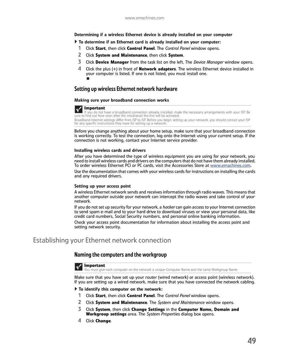 eMachines EL1200 Series manual Establishing your Ethernet network connection, Setting up wireless Ethernet network hardware 