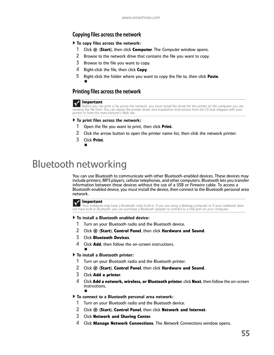 eMachines EL1200 Series manual Bluetooth networking, Copying files across the network, Printing files across the network 