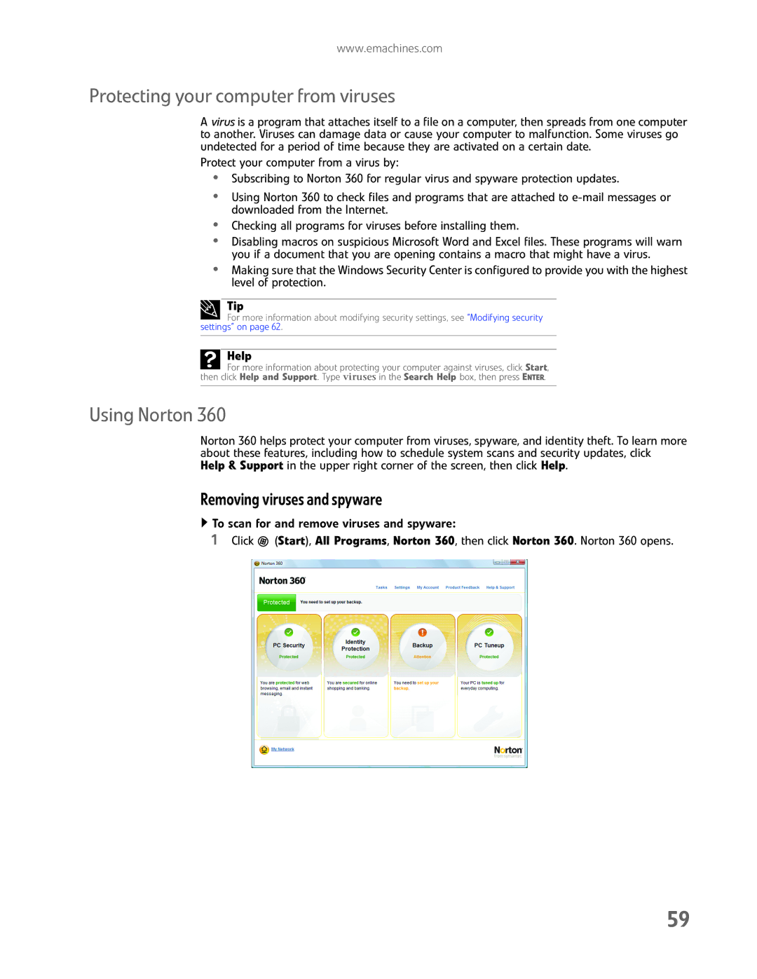 eMachines EL1200 Series manual Protecting your computer from viruses, Using Norton, Removing viruses and spyware 