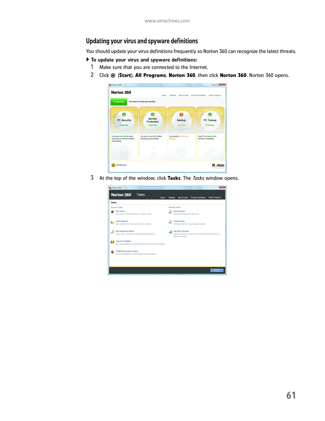 eMachines EL1200 Series manual Updating your virus and spyware definitions 