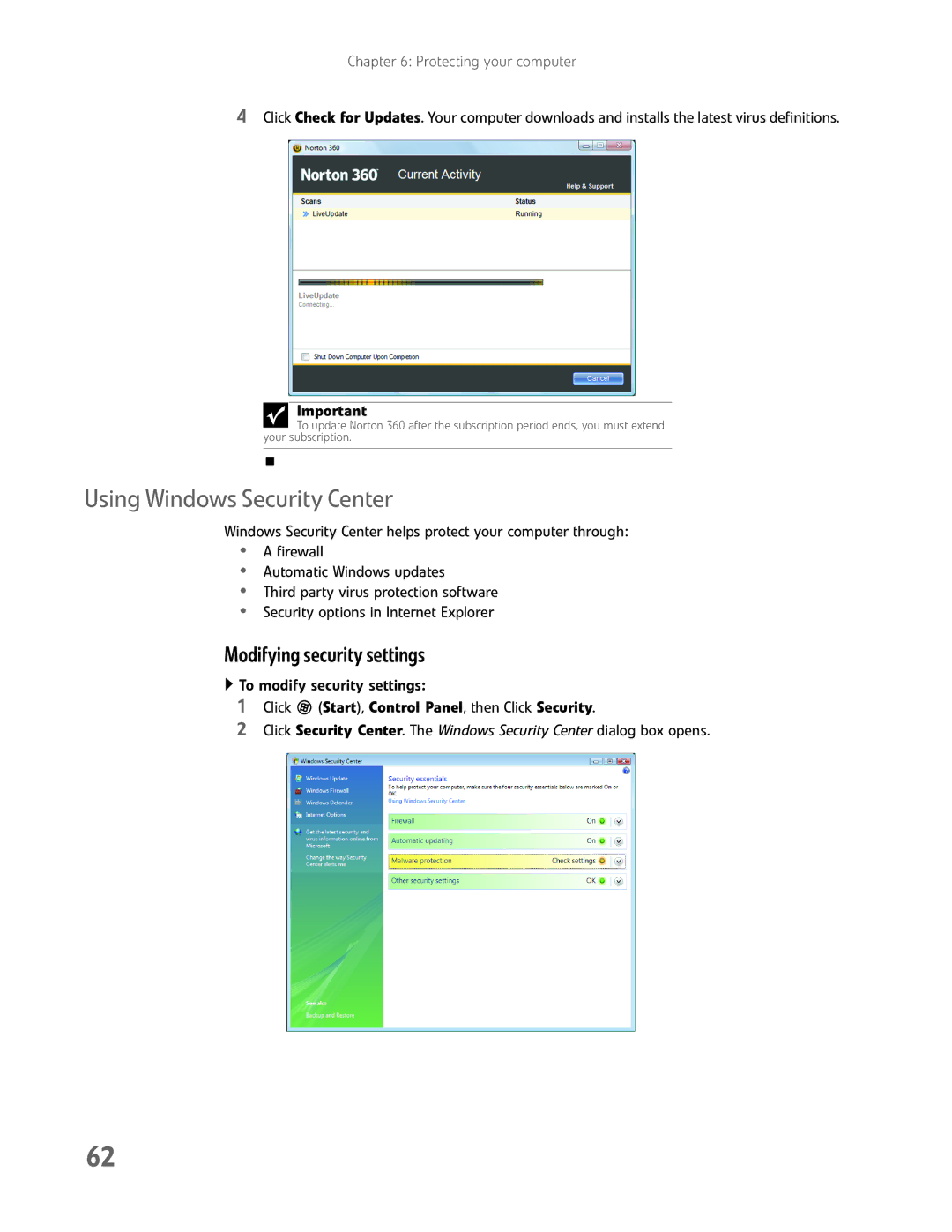 eMachines EL1200 Series manual Using Windows Security Center, Modifying security settings 