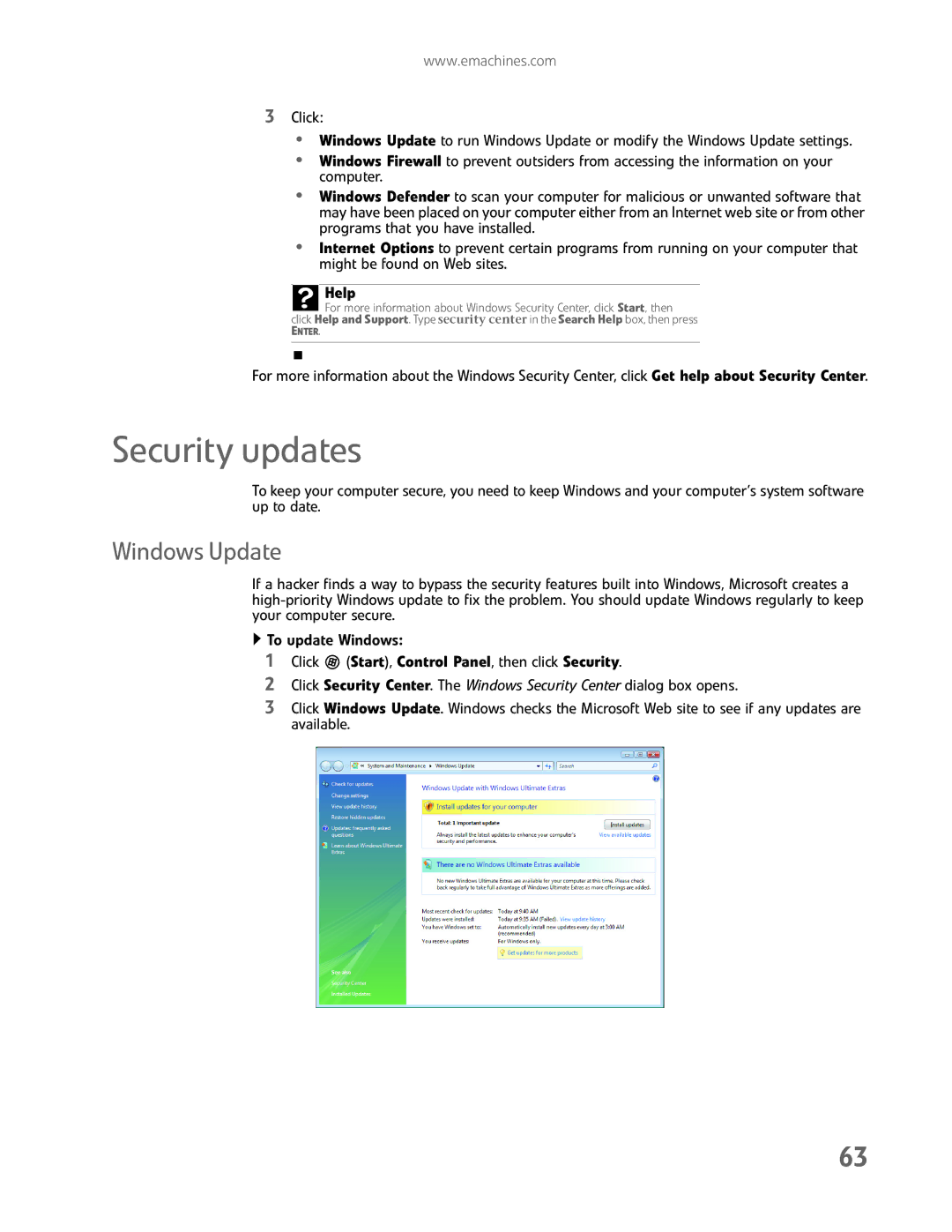 eMachines EL1200 Series manual Security updates, Windows Update 