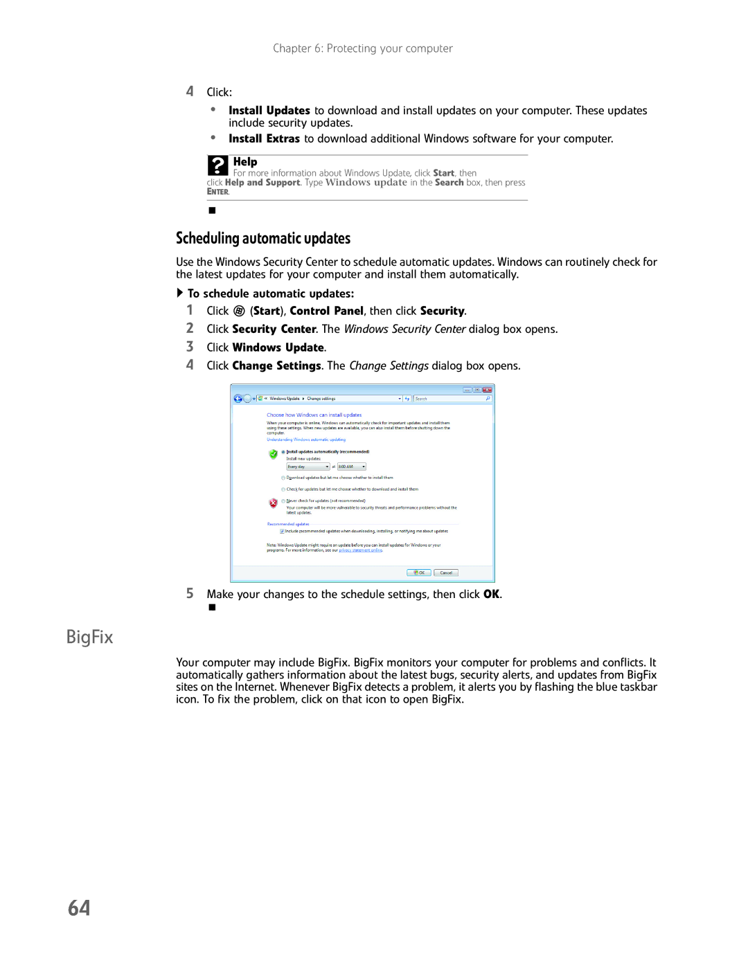 eMachines EL1200 Series manual BigFix, Scheduling automatic updates, Click Windows Update 