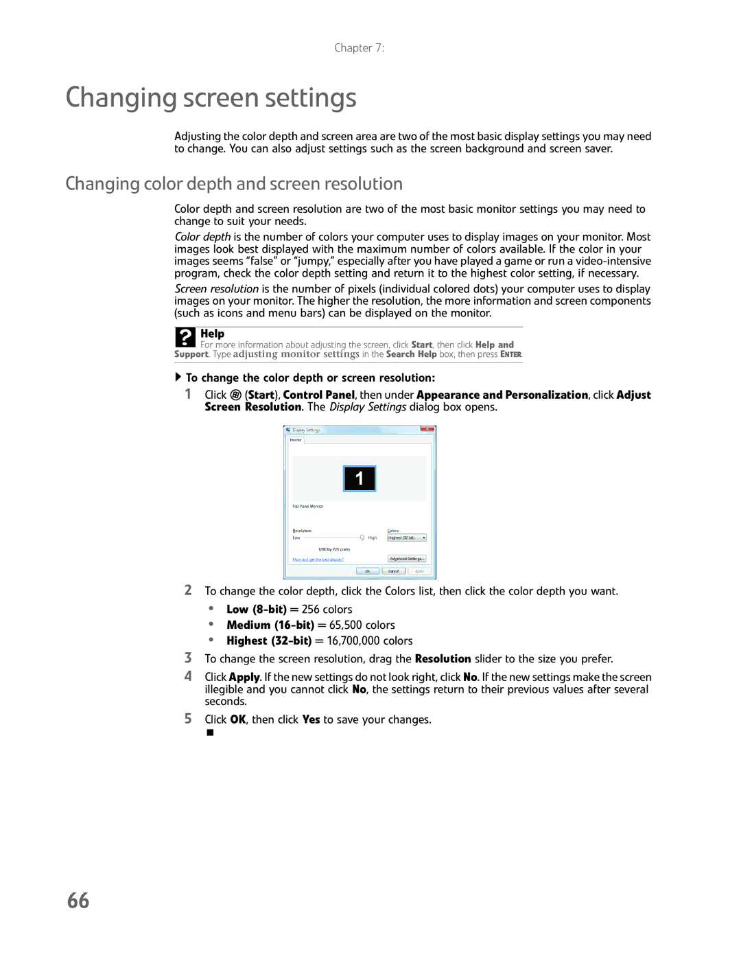 eMachines EL1200 Series manual Changing screen settings, Changing color depth and screen resolution 