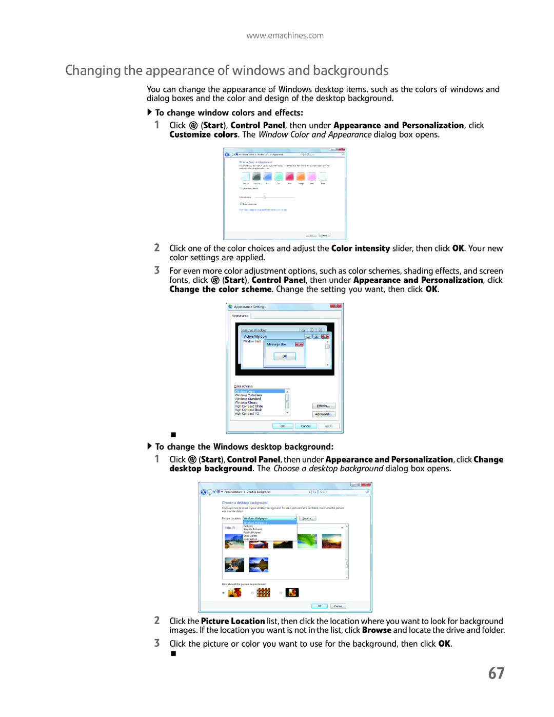 eMachines EL1200 Series manual Changing the appearance of windows and backgrounds, To change the Windows desktop background 