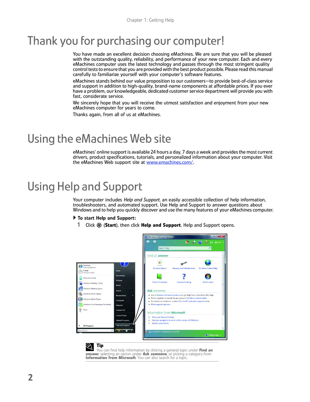 eMachines EL1200 Series Thank you for purchasing our computer, Using the eMachines Web site Using Help and Support, Tip 