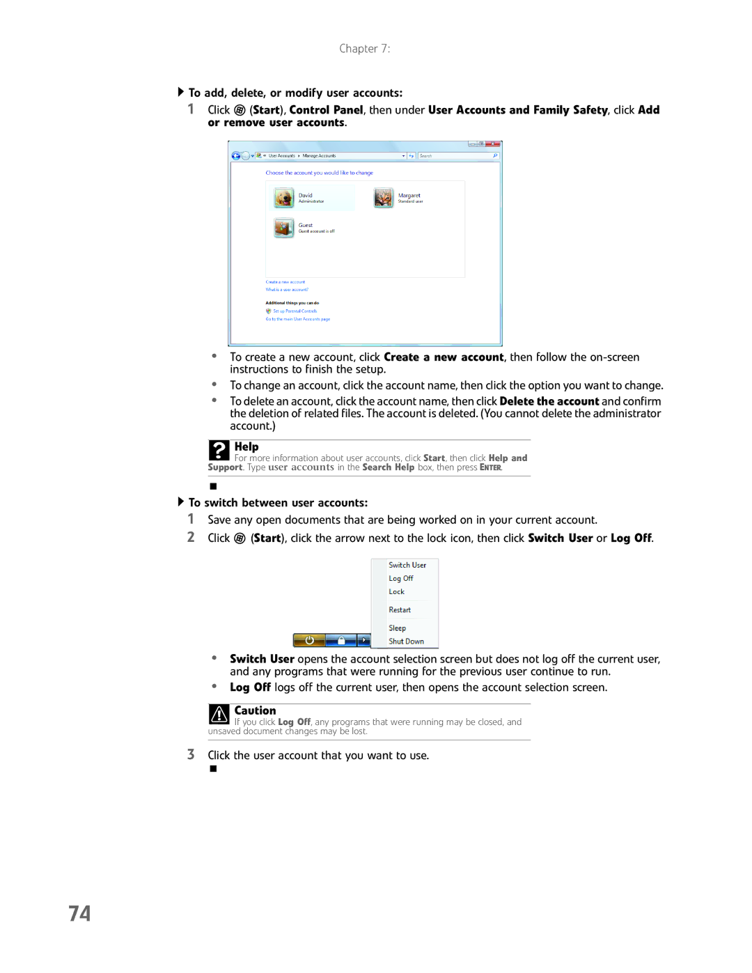 eMachines EL1200 Series manual To add, delete, or modify user accounts 