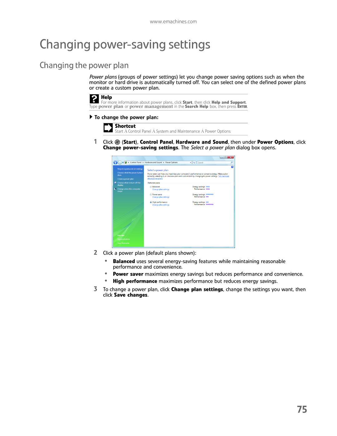 eMachines EL1200 Series manual Changing power-saving settings, Changing the power plan 