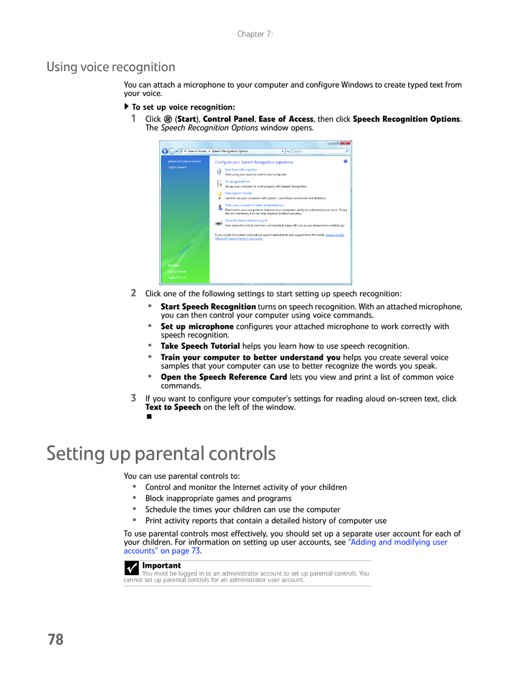 eMachines EL1200 Series manual Setting up parental controls, Using voice recognition 