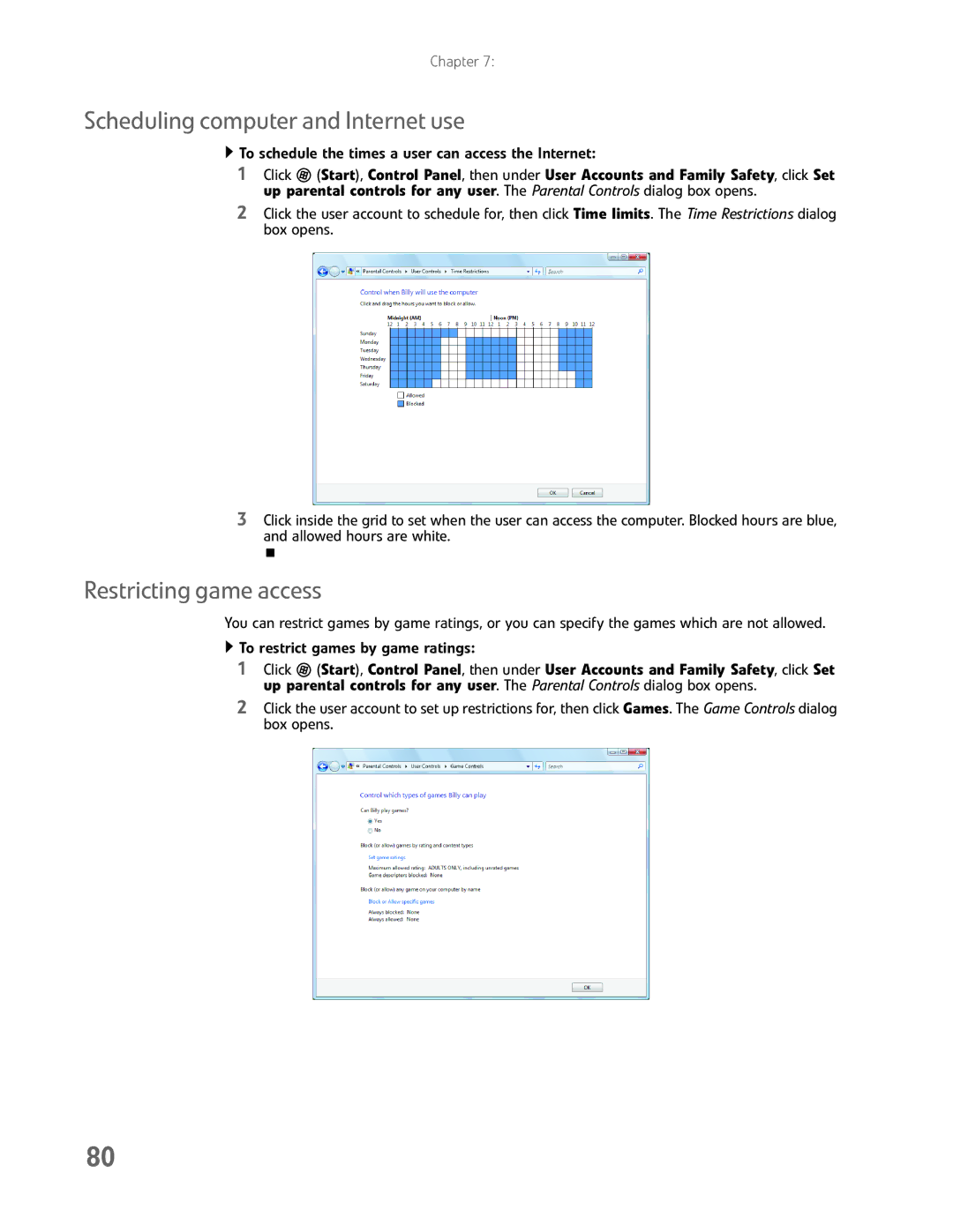 eMachines EL1200 Series manual Scheduling computer and Internet use, Restricting game access 