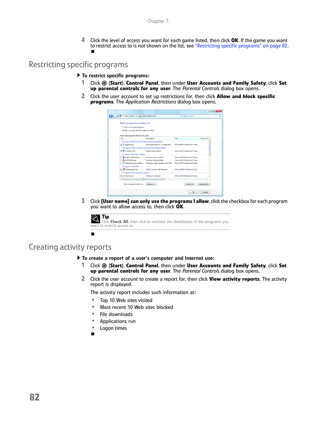 eMachines EL1200 Series manual Restricting specific programs, Creating activity reports 