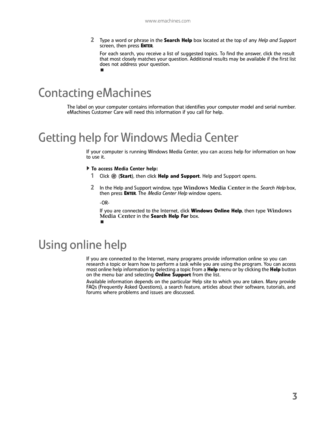 eMachines EL1200 Series manual Contacting eMachines, Getting help for Windows Media Center, Using online help 