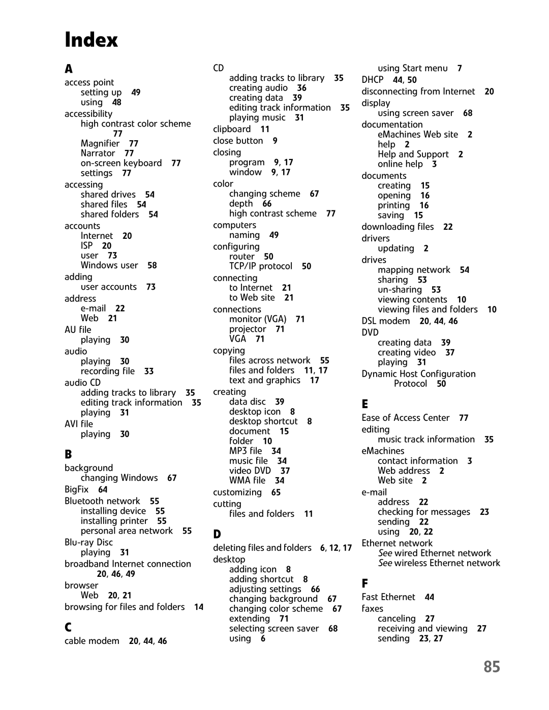 eMachines EL1200 Series manual Index 