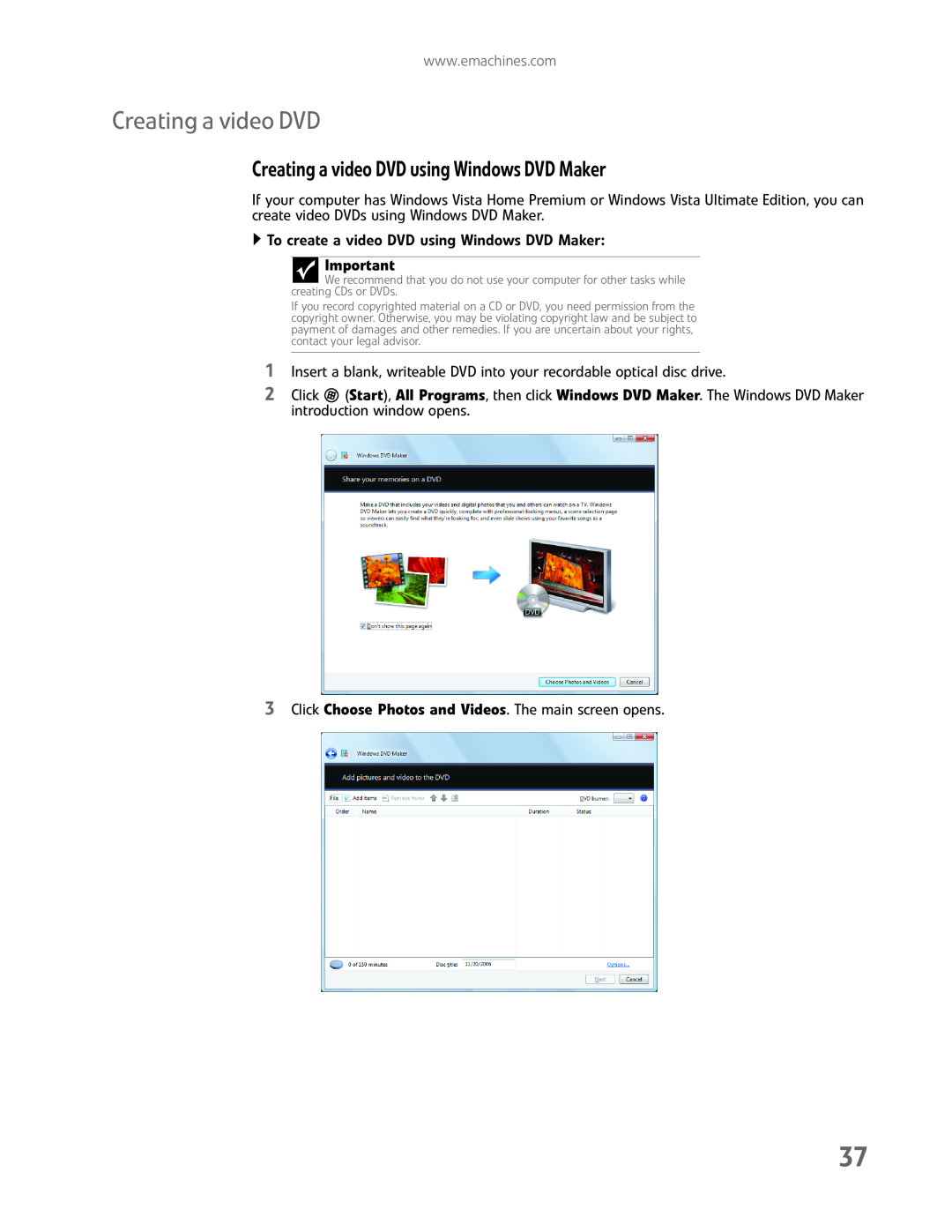 eMachines EL1200 Series manual Creating a video DVD using Windows DVD Maker 