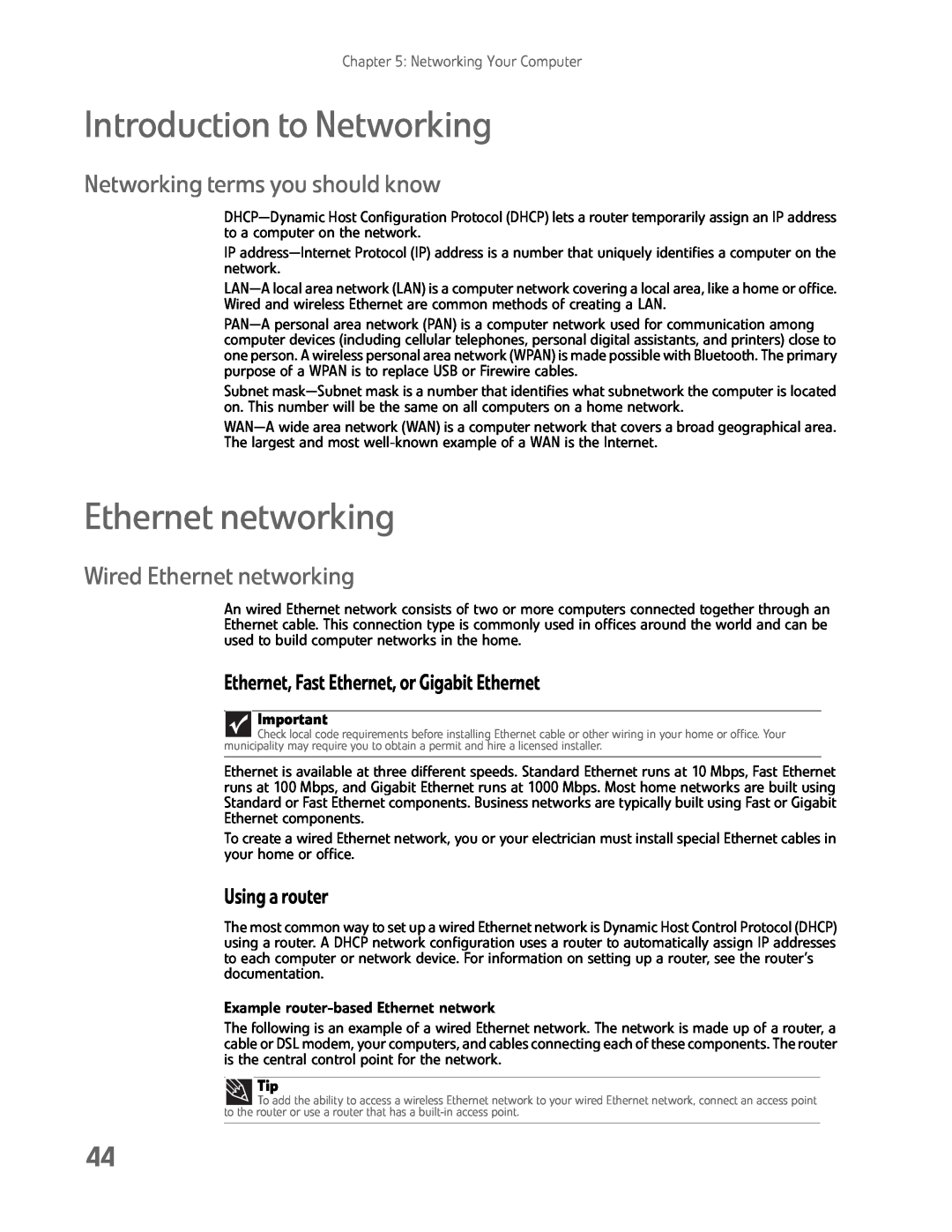 eMachines EL1200 Series Introduction to Networking, Ethernet networking, Networking terms you should know, Using a router 