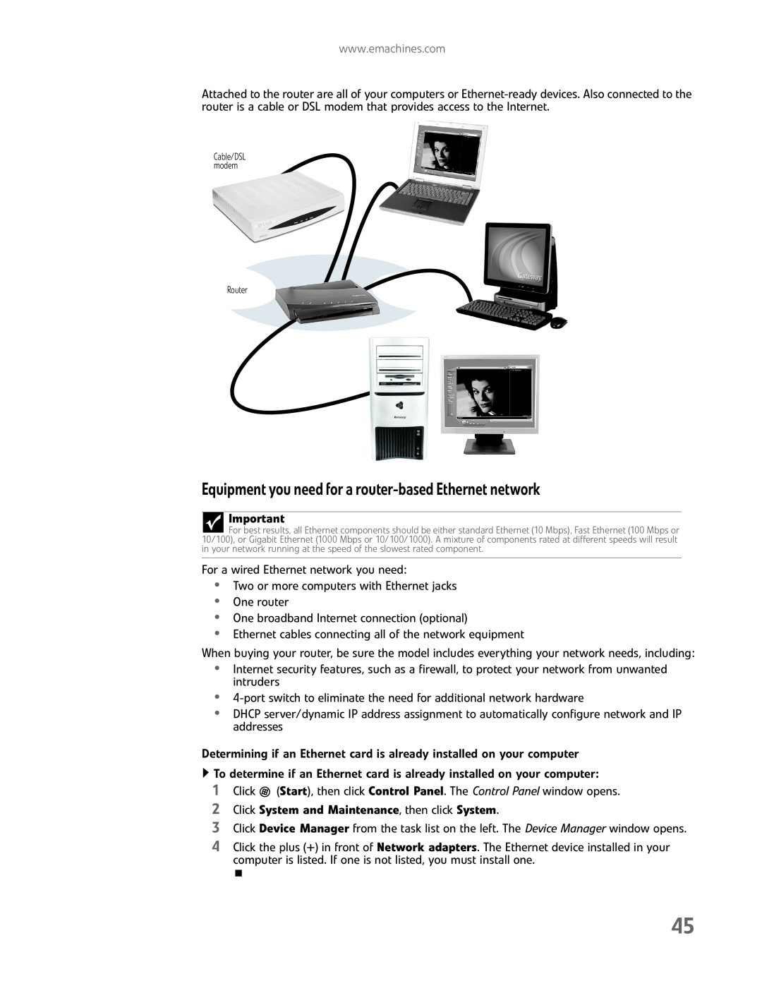 eMachines EL1200 Series manual Equipment you need for a router-based Ethernet network 