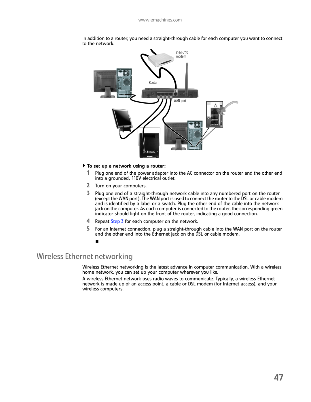 eMachines EL1200 Series manual Wireless Ethernet networking 