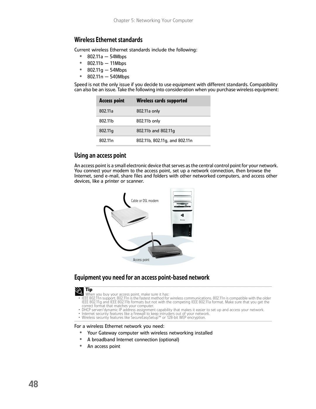 eMachines EL1200 Series manual Wireless Ethernet standards, Using an access point, Access point, Wireless cards supported 