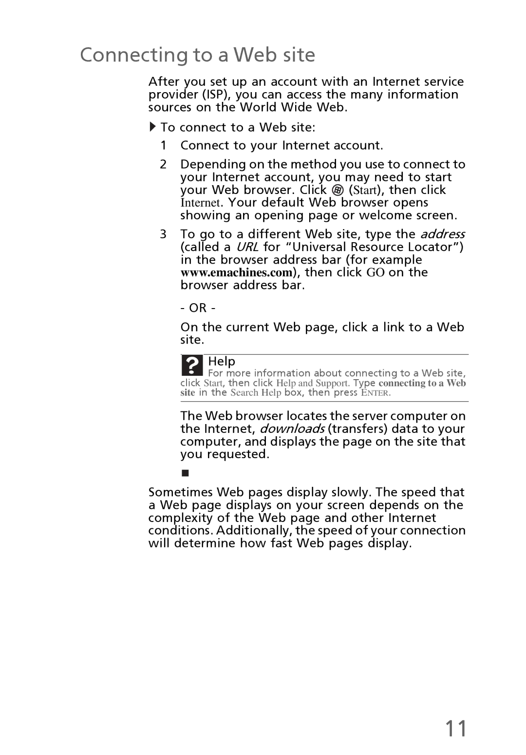 eMachines EL1300 manual Connecting to a Web site 