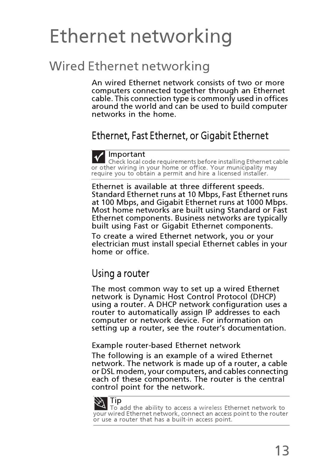 eMachines EL1300 manual Wired Ethernet networking, Ethernet, Fast Ethernet, or Gigabit Ethernet, Using a router 