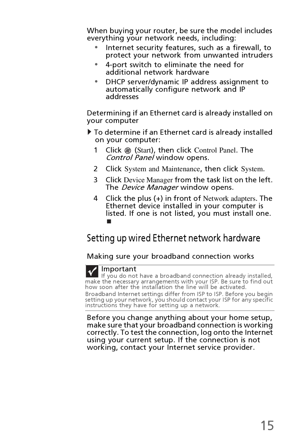 eMachines EL1300 manual Setting up wired Ethernet network hardware, Making sure your broadband connection works Important 