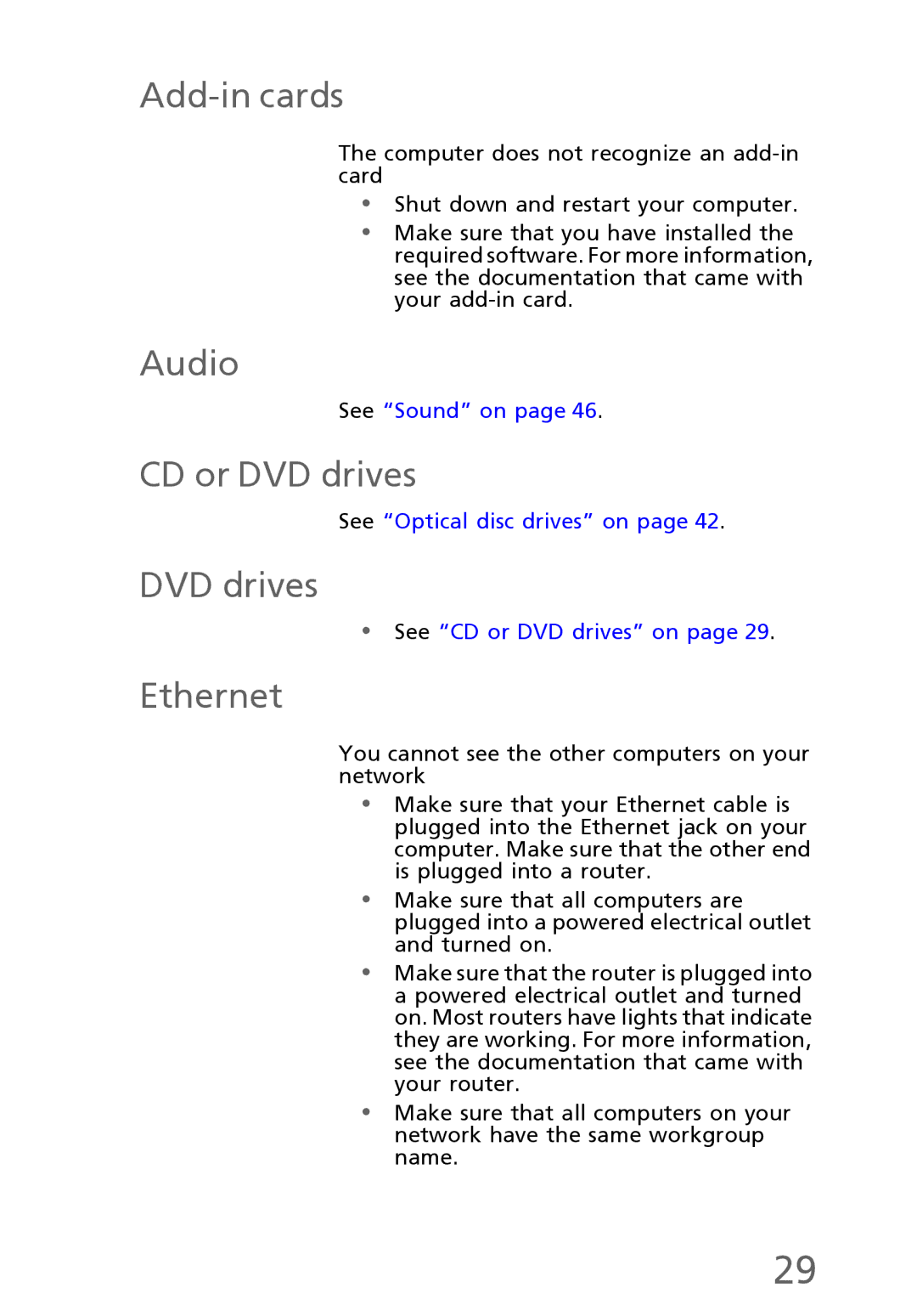 eMachines EL1300 manual Add-in cards, Audio, CD or DVD drives, Ethernet 