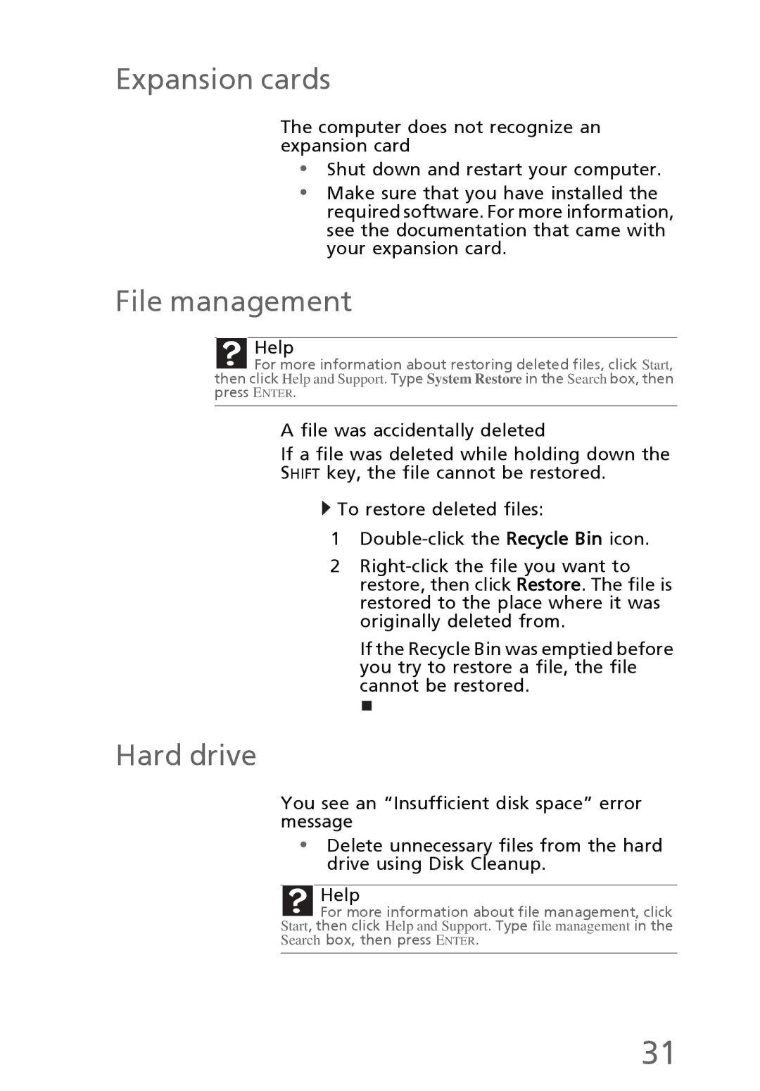 eMachines EL1300 manual Expansion cards, File management, Hard drive 