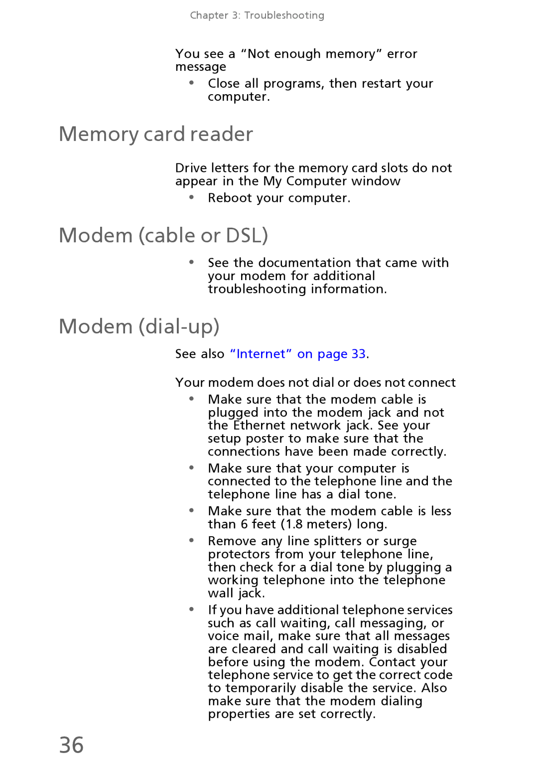 eMachines EL1300 manual Memory card reader, Modem cable or DSL, Modem dial-up 