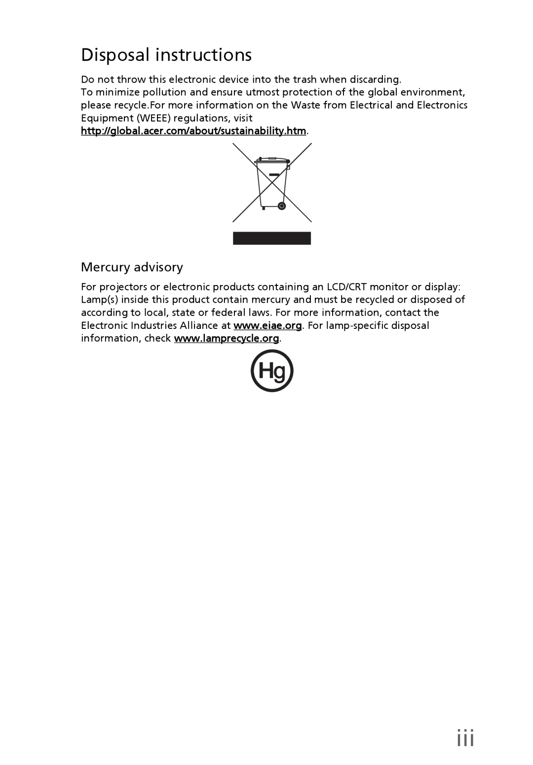 eMachines EL1300 manual Iii, Disposal instructions 