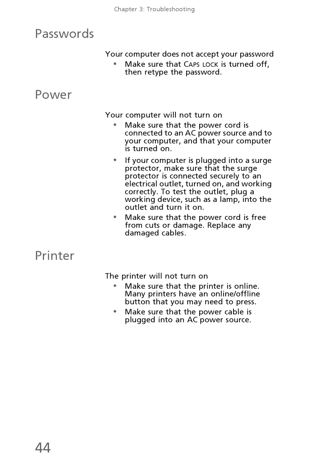 eMachines EL1300 manual Passwords, Power, Printer 