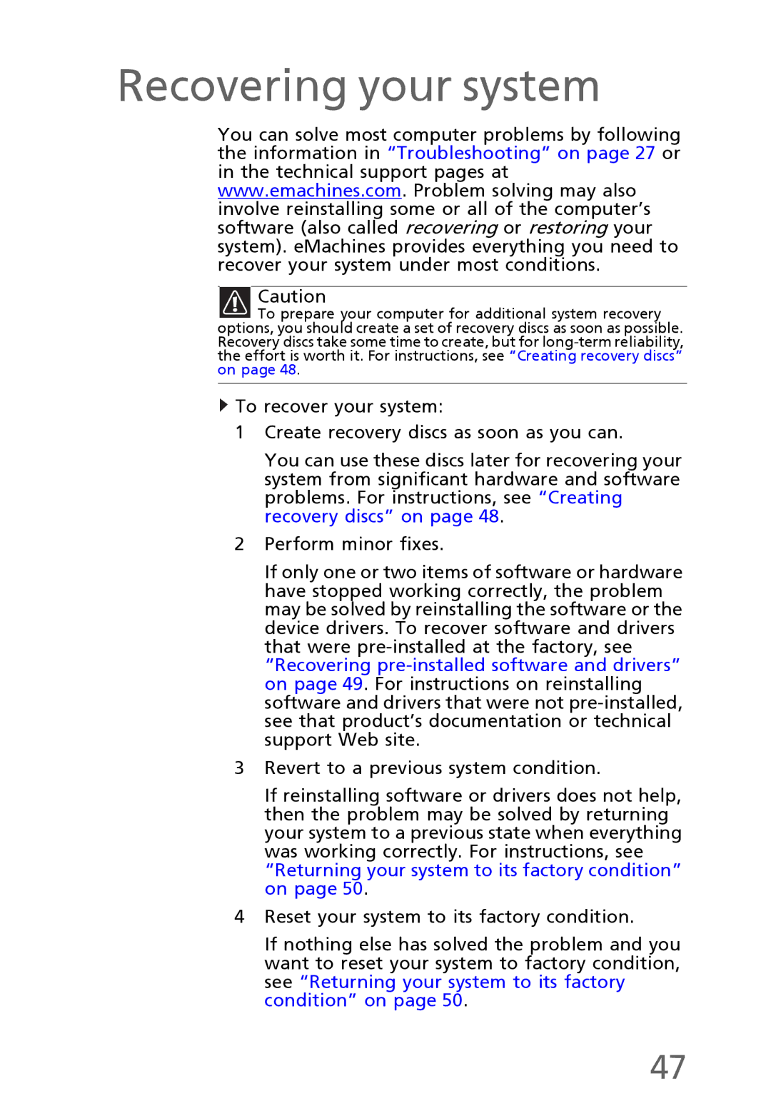 eMachines EL1300 manual Recovering your system 