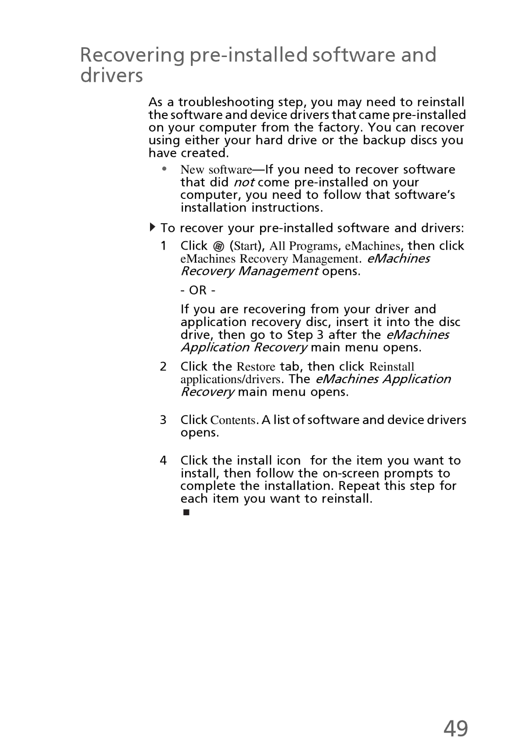 eMachines EL1300 manual Recovering pre-installed software and drivers 