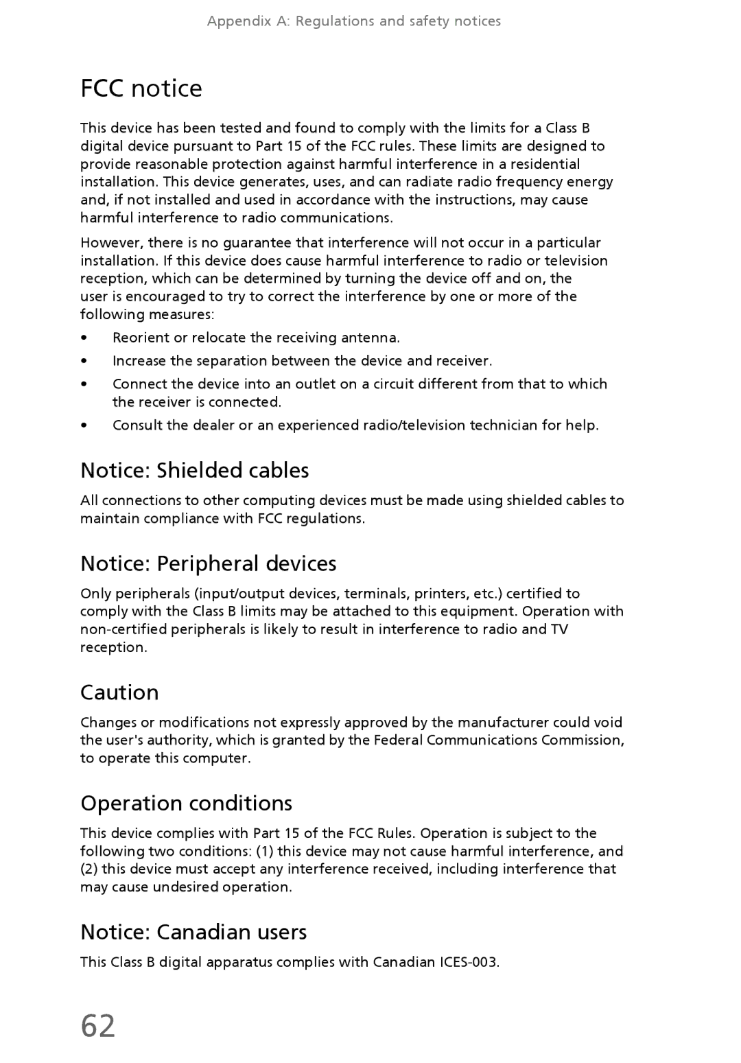 eMachines EL1300 manual FCC notice, Operation conditions 