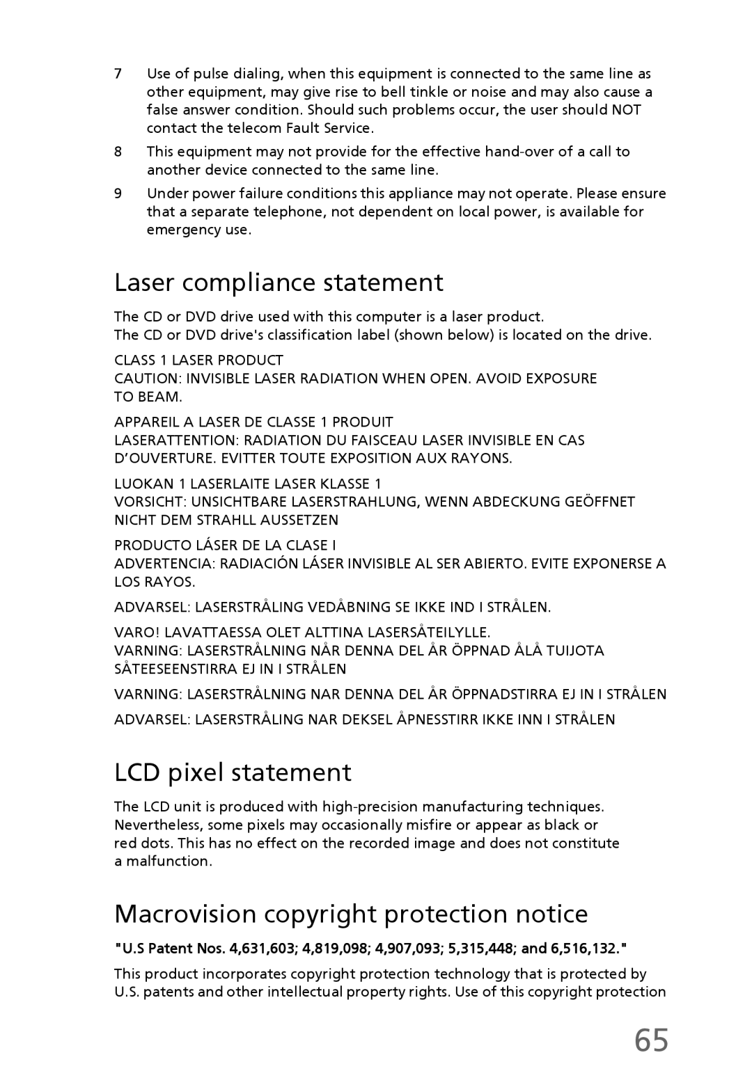 eMachines EL1300 manual Laser compliance statement, LCD pixel statement, Macrovision copyright protection notice 