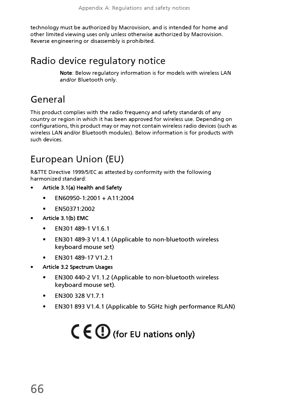 eMachines EL1300 manual Radio device regulatory notice General, European Union EU 