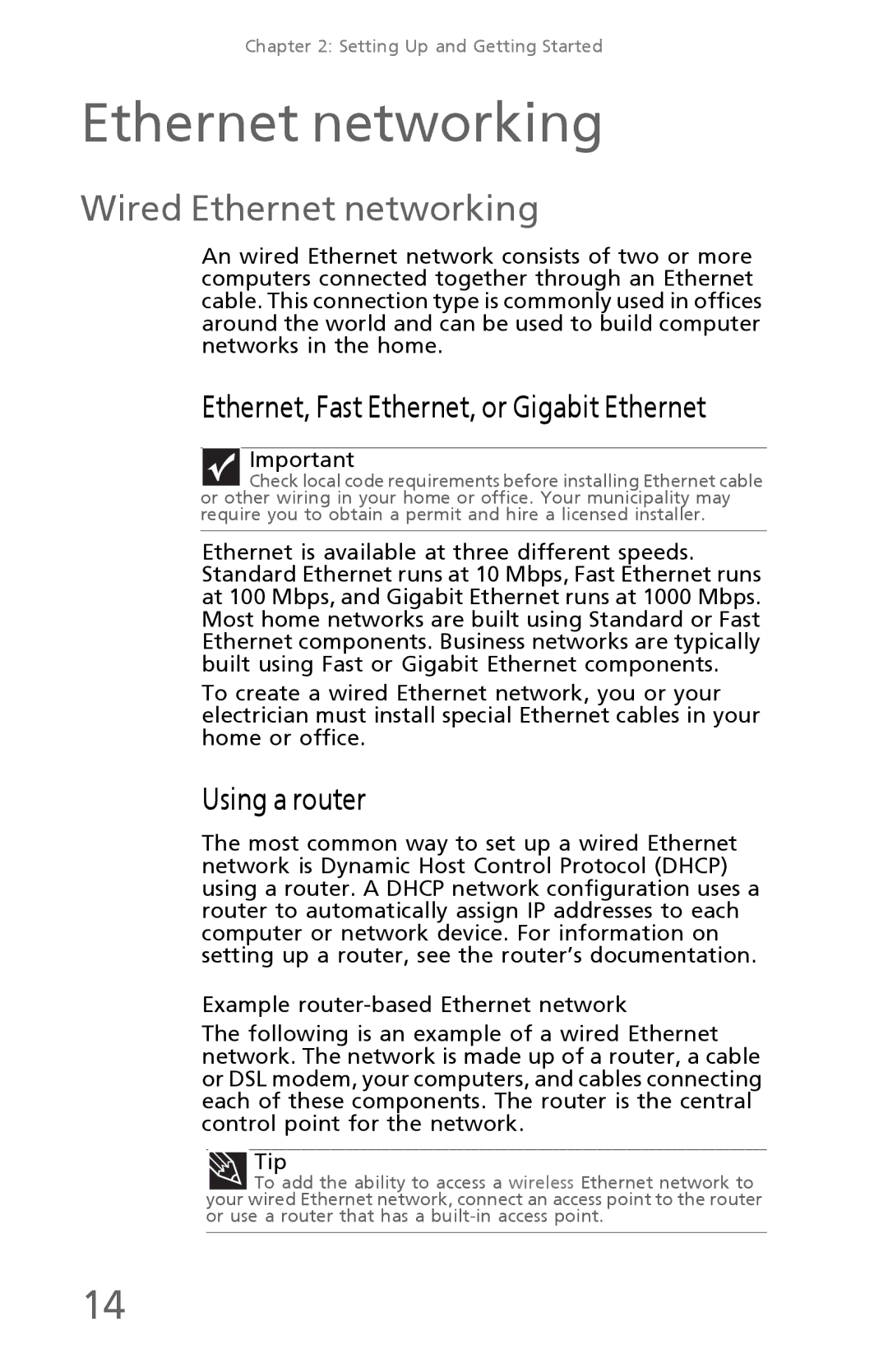 eMachines EM001, EL1320 manual Wired Ethernet networking, Ethernet, Fast Ethernet, or Gigabit Ethernet, Using a router 