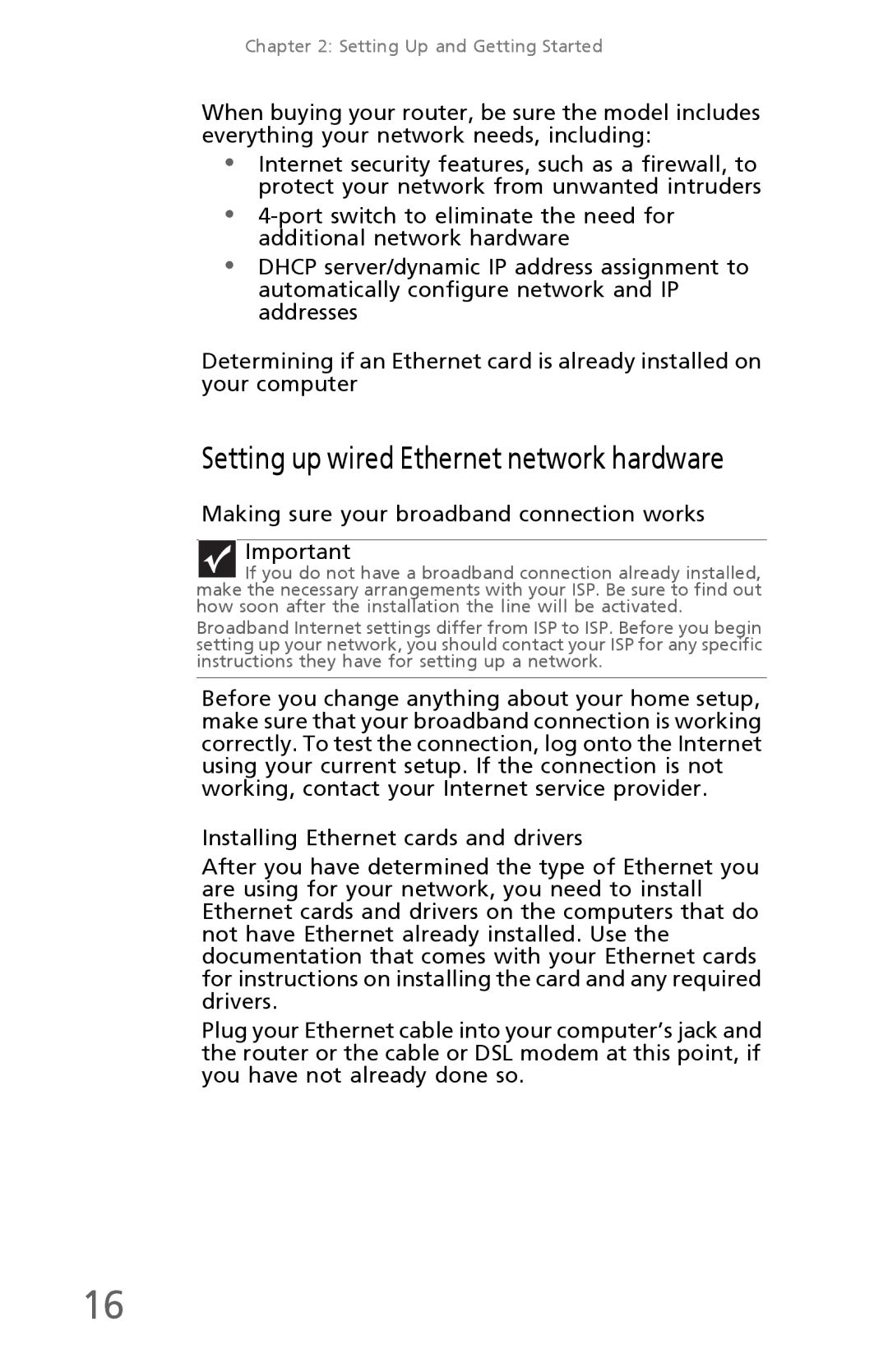 eMachines EM001, EL1320 Setting up wired Ethernet network hardware, Making sure your broadband connection works Important 