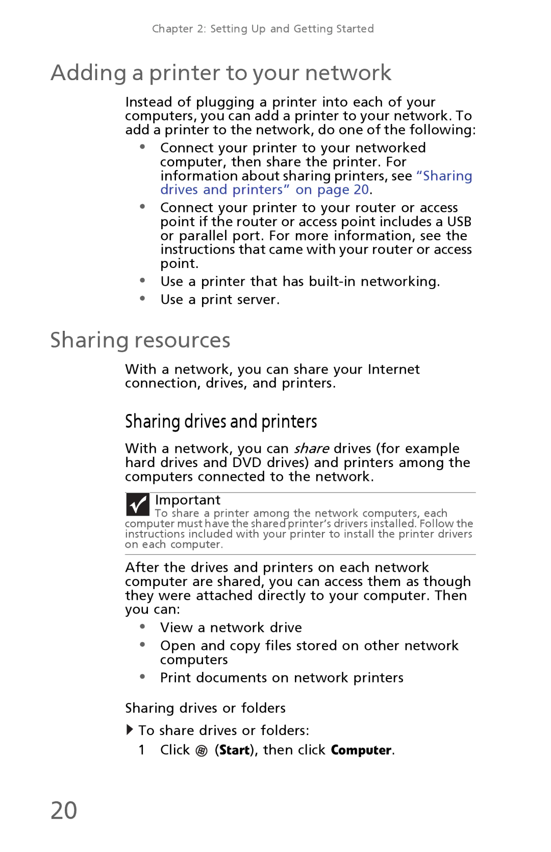 eMachines EM001, EL1320 manual Adding a printer to your network, Sharing resources, Sharing drives and printers 