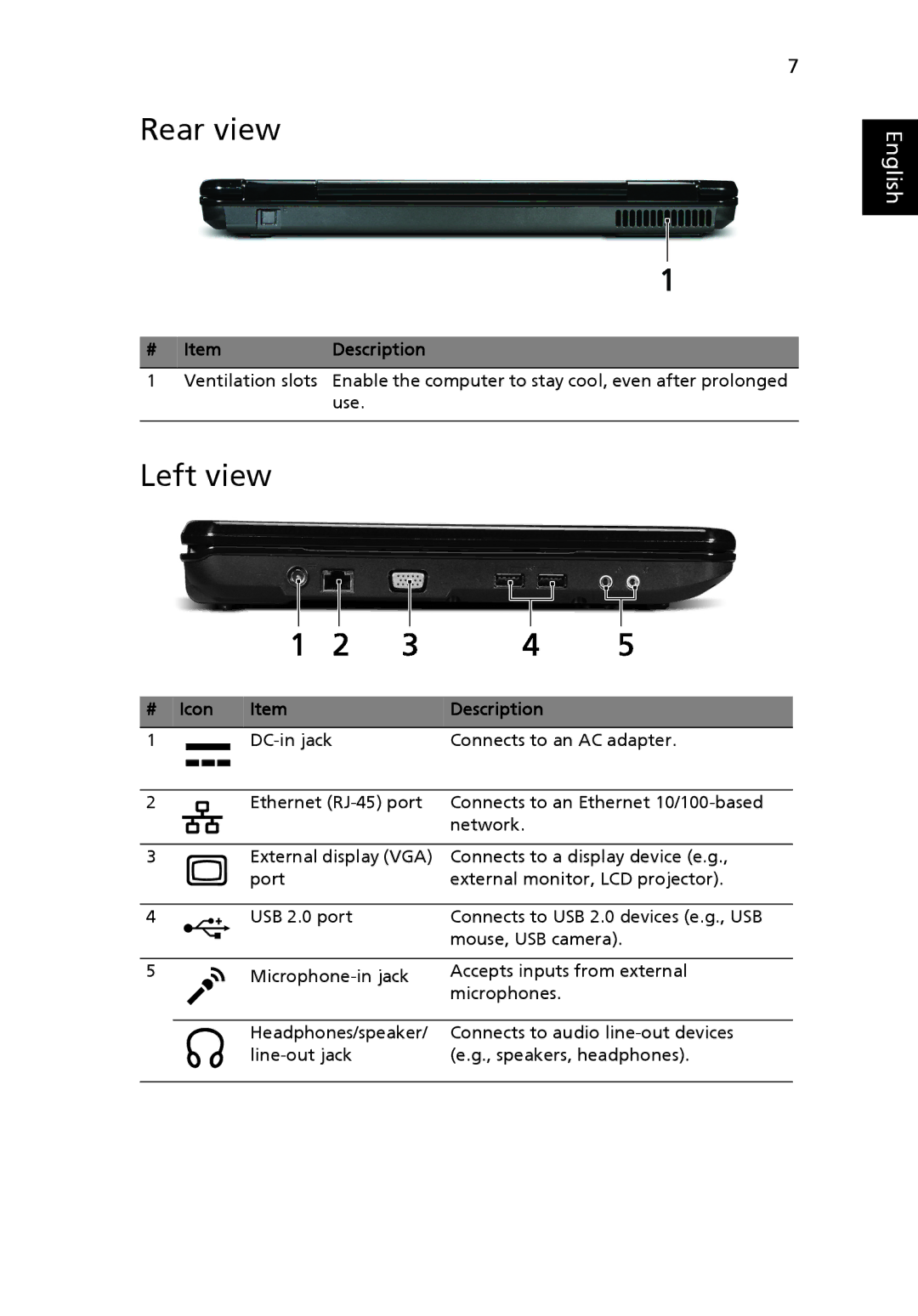 eMachines G625 Series manual Rear view, Left view 