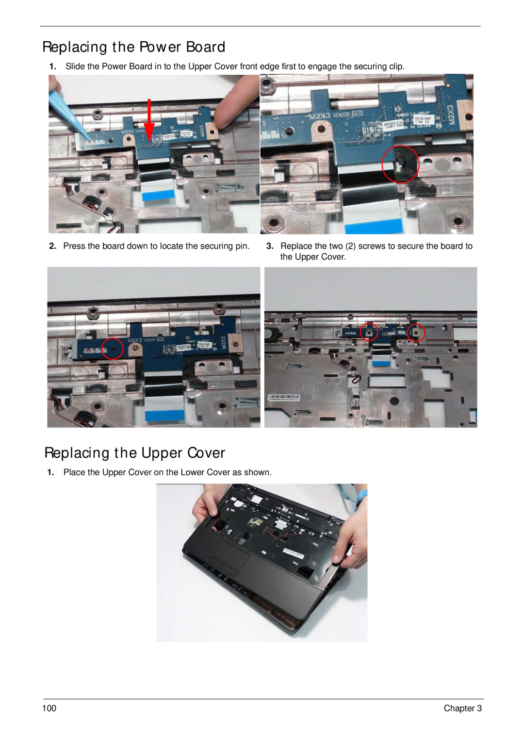 eMachines G630, G430 manual Replacing the Power Board, Replacing the Upper Cover 