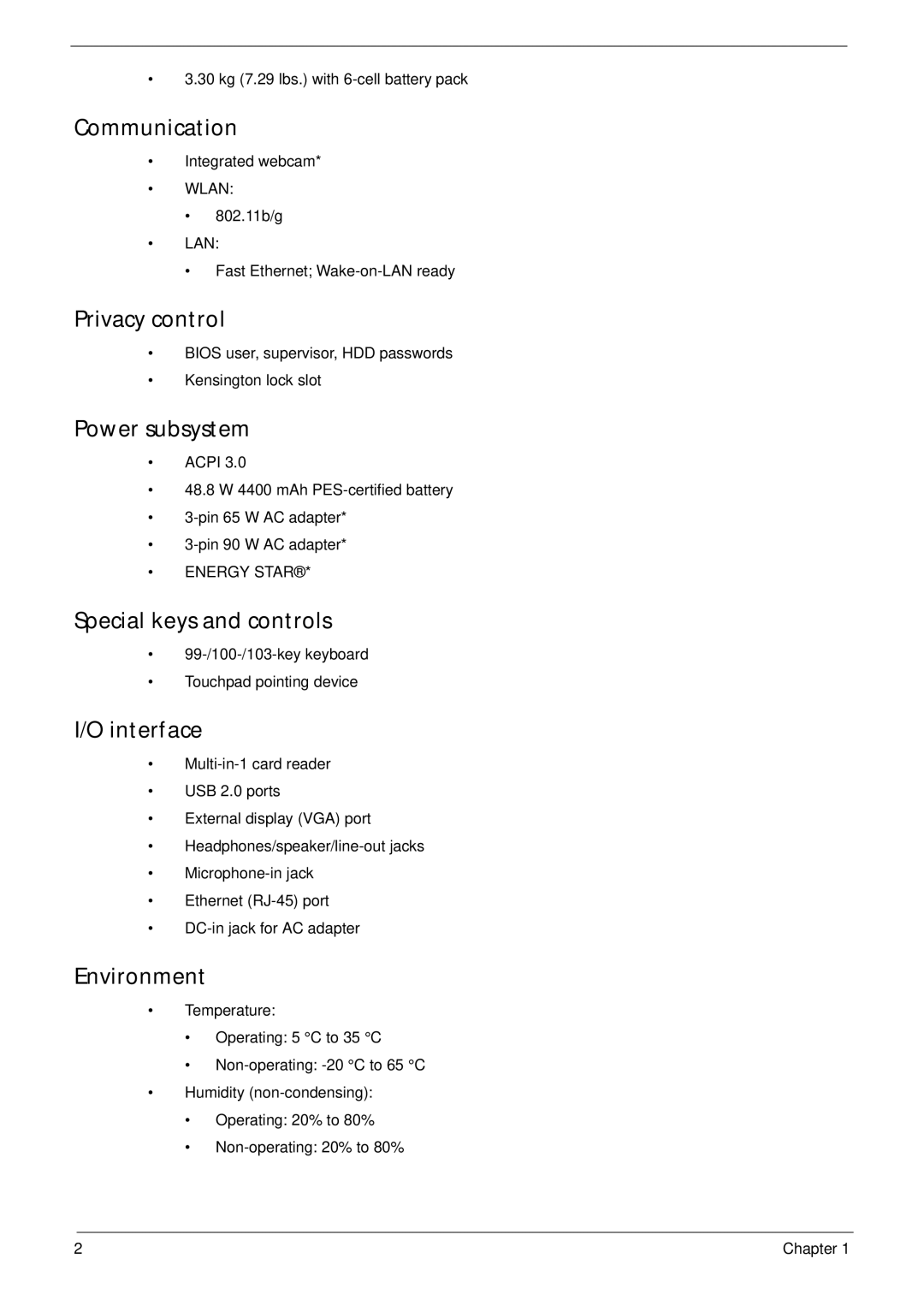 eMachines G630, G430 Communication, Privacy control, Power subsystem, Special keys and controls, Interface, Environment 