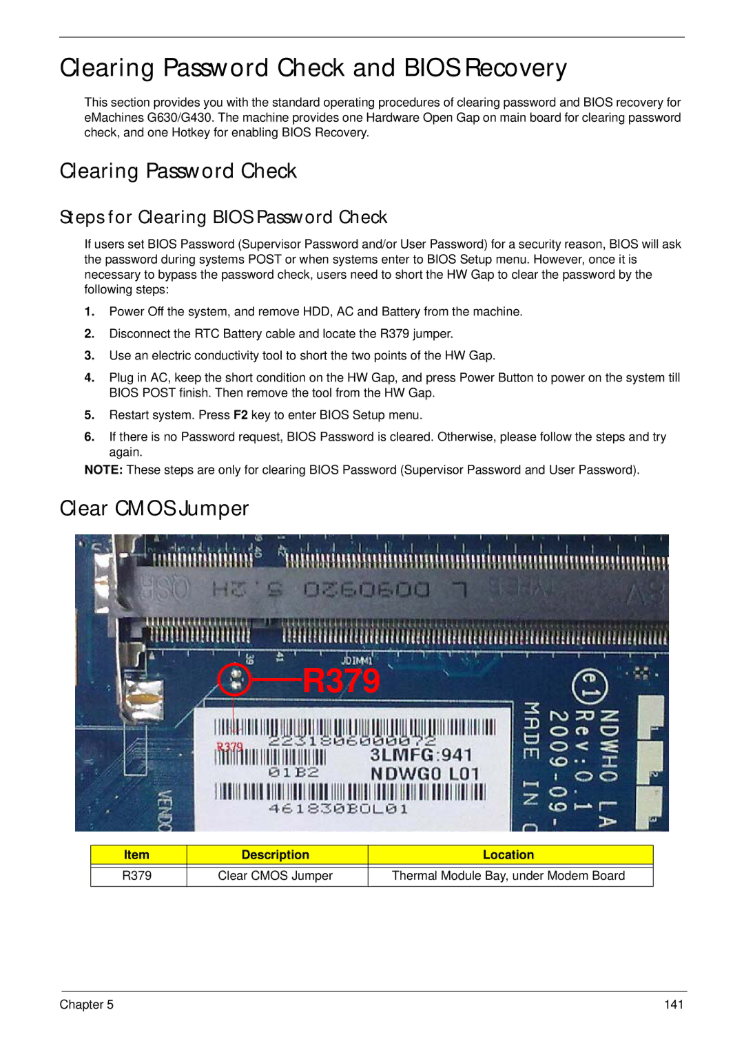 eMachines G430, G630 Clearing Password Check and Bios Recovery, Clear Cmos Jumper, Steps for Clearing Bios Password Check 