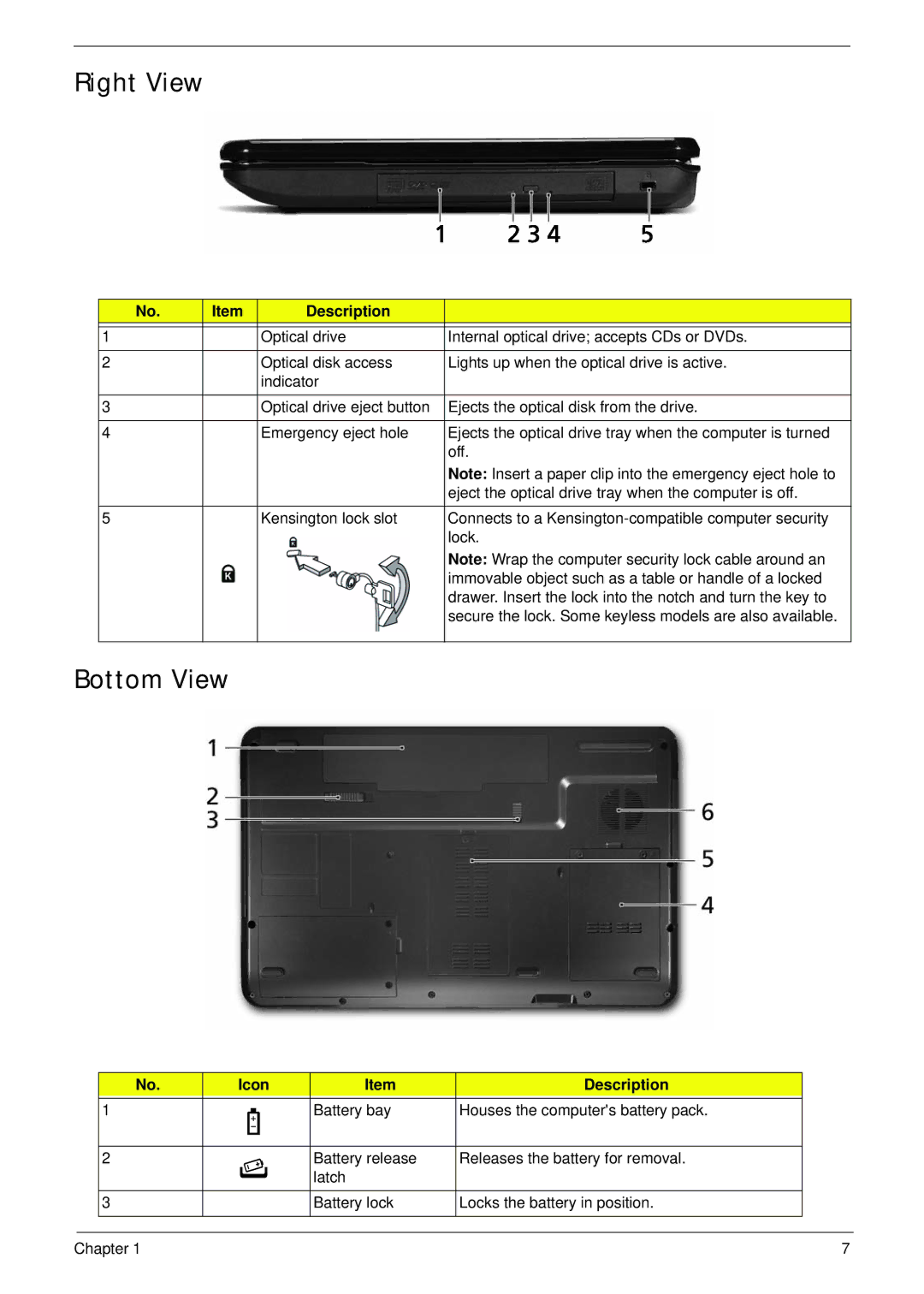 eMachines G430, G630 manual Right View, Bottom View 