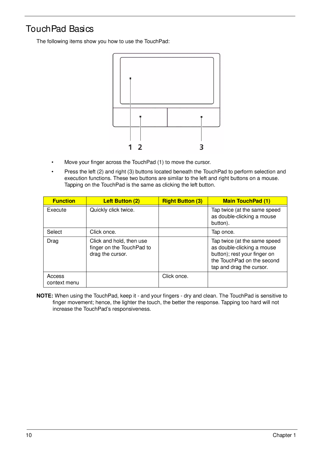 eMachines G630, G430 manual TouchPad Basics, Function Left Button Right Button Main TouchPad 