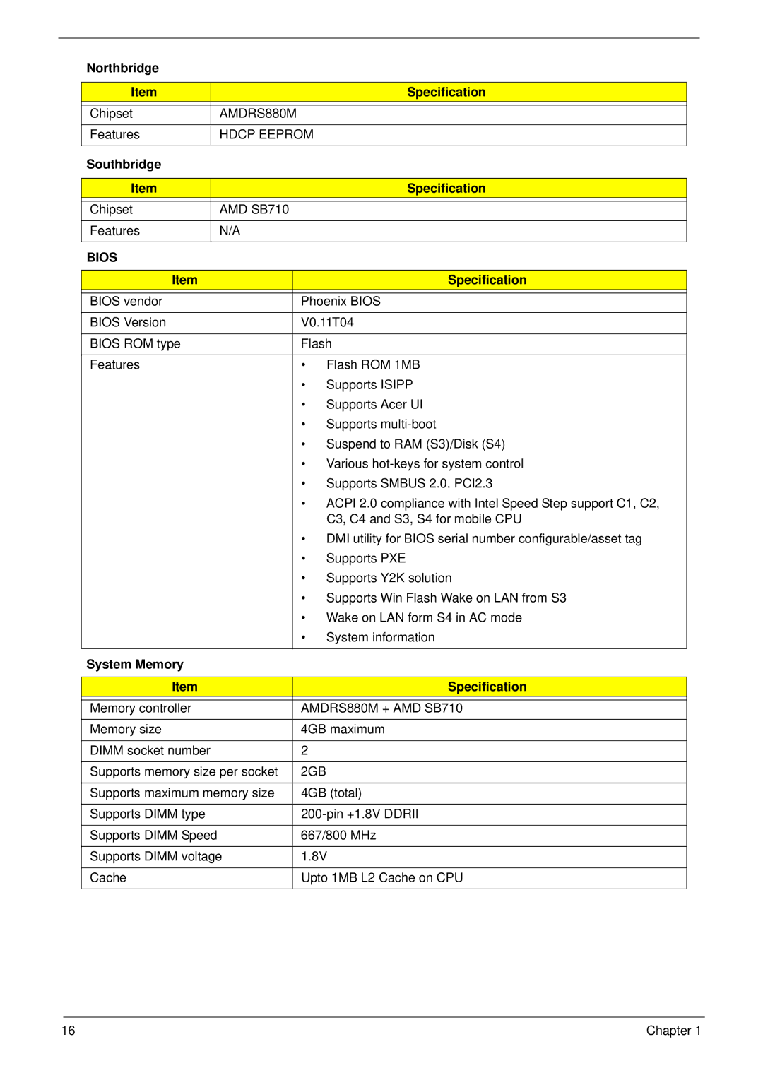 eMachines G630, G430 manual Northbridge Specification, Southbridge Specification, System Memory Specification 