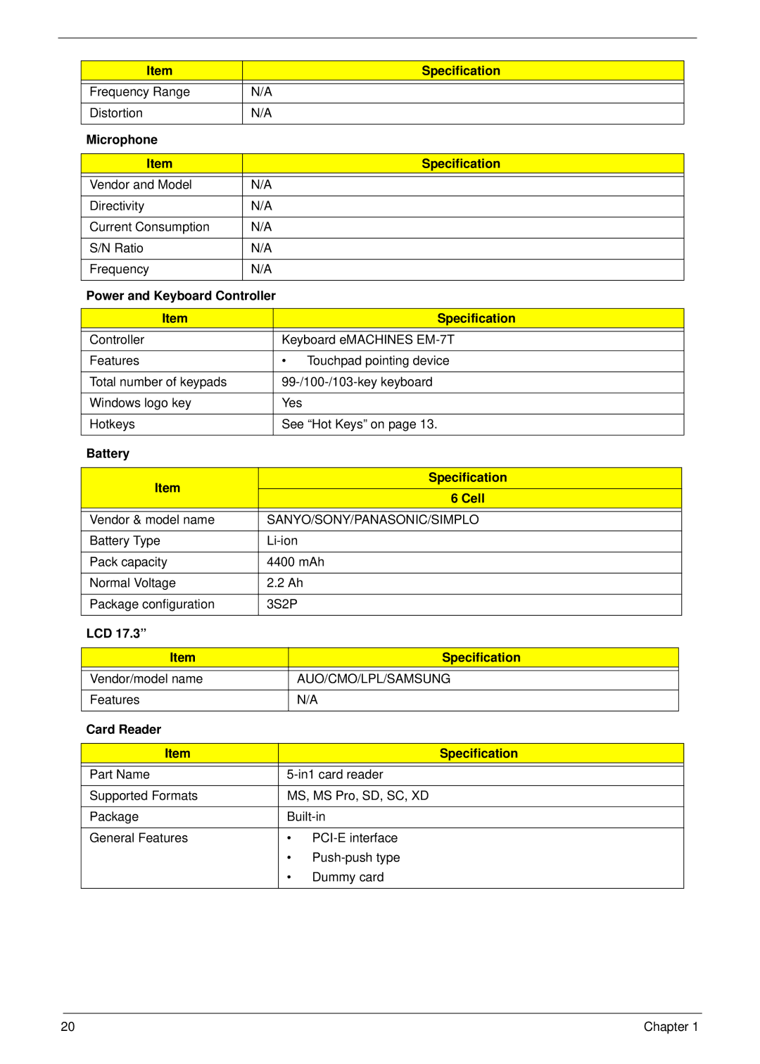 eMachines G630, G430 Microphone Specification, Power and Keyboard Controller Specification, Battery Specification Cell 