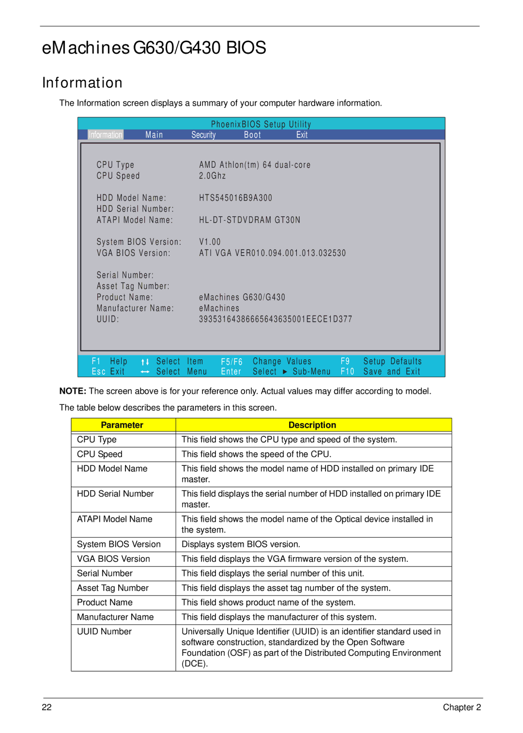 eMachines manual EMachines G630/G430 Bios, Information, Parameter Description 