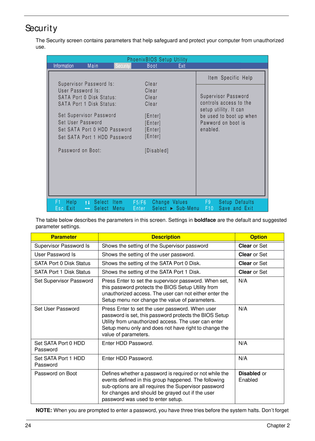 eMachines G630, G430 manual Security, Parameter Description Option, Clear or Set, Disabled or 