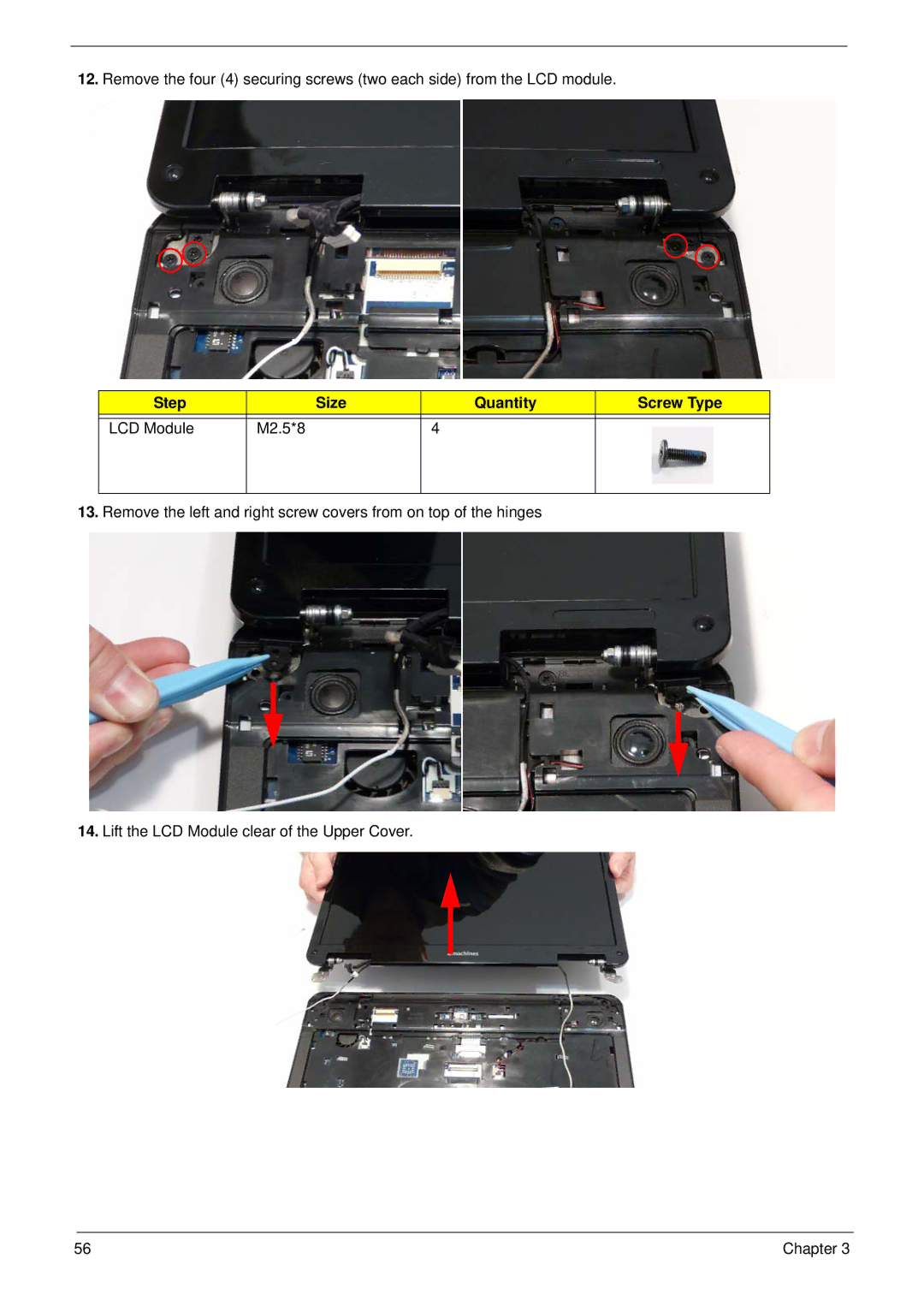 eMachines G630, G430 manual Step Size Quantity Screw Type LCD Module M2.5*8 