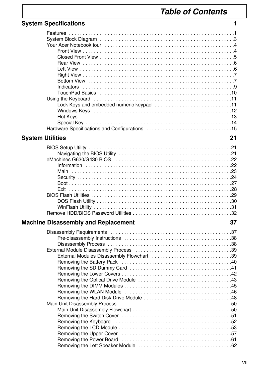 eMachines G430, G630 manual Table of Contents 